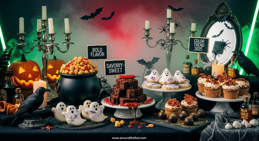 A 2025 Halloween dessert table with spicy caramel popcorn, chili brownies, lavender-vanilla ghost cookies, maple bacon cupcakes, and black garlic truffles. Styled with smoky gray, neon green, and deep crimson accents to match this year’s top Halloween dessert trends.