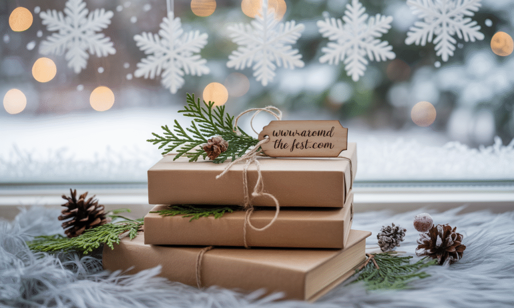 Aesthetic Christmas decor arrangement with thrifted books wrapped in kraft paper and twine, neutral tones of white and beige, evergreen sprigs, pine cones, and paper snowflakes on a windowsill—unique Christmas ideas for 2025 featuring cozy, Pinterest-worthy, budget-friendly holiday decor."