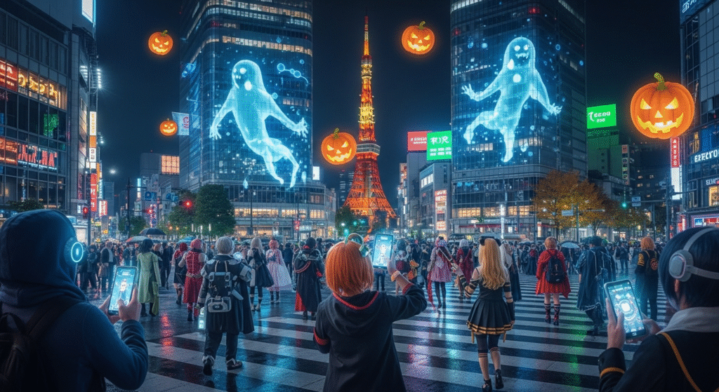 Futuristic Halloween celebration in Tokyo’s Shibuya Crossing, with crowds in cosplay using smartphones to interact with holographic ghosts and floating jack-o'-lanterns projected onto skyscrapers, glowing against the city’s neon lights.