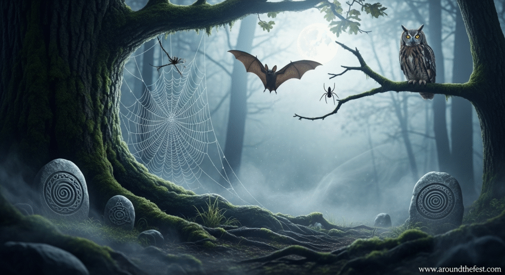 Bat in flight, spider weaving, and owl perched in a moonlit forest—honoring their ancient roles in Halloween and Samhain as mystical symbols of destiny, spirit, and ancestral truth. 