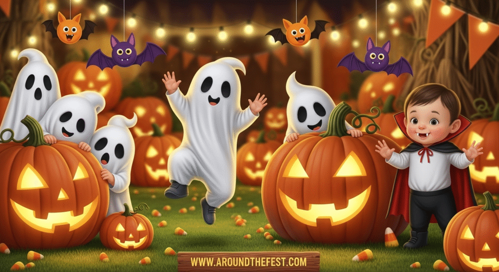 Illustration of global family-friendly Halloween 2025 events with children in costumes walking through glowing lantern trails, pumpkin patches, and trick-or-treat booths in zoos and parks — showcasing inclusive, safe, and joyful celebrations around the world.