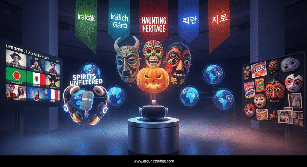 Global digital Halloween 2025 scene with a VR heritage museum, Twitch costume relay screens, and a podcast setup surrounded by multicultural Halloween mementos"