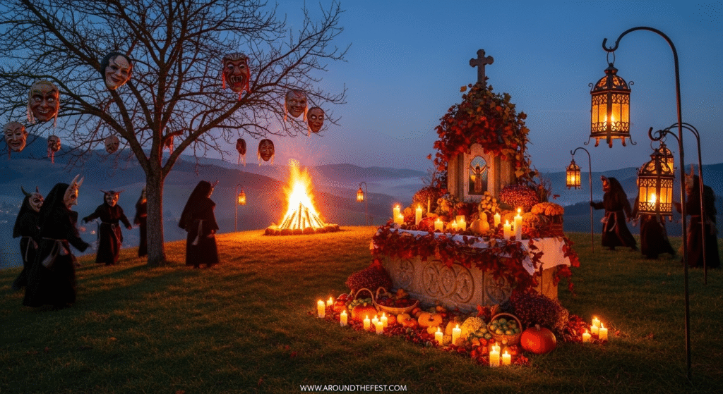 Bonfires, masks, and food offerings in a twilight village, showing how ancient Halloween rituals of honoring the dead were repurposed under Christian belief systems. 