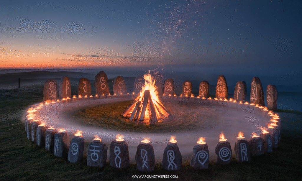 Hilltop bonfire surrounded by ritual candles and ancient stone carvings, symbolizing how Halloween fire rituals guided souls and restored spiritual balance during Samhain.