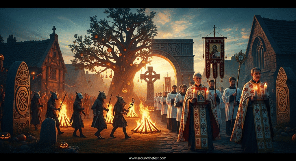 A visual blend of Celtic bonfire rituals and medieval Christian traditions showing how Halloween evolved from Samhain to All Saints’ Day