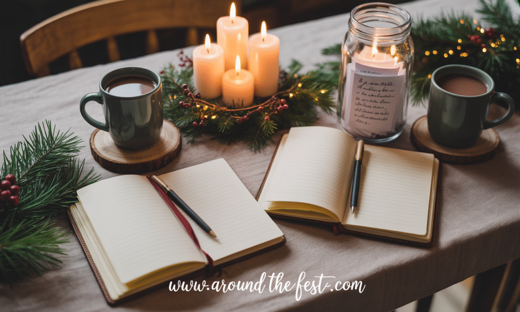 “"Cozy Christmas Clue Jar game setup for adults with two mugs of hot cocoa, open journals with pens, a glass jar filled with handwritten prompt cards, flickering candles, and festive pine garland on a wooden table— featuring quiet, reflective, and social-friendly holiday games for introverts."