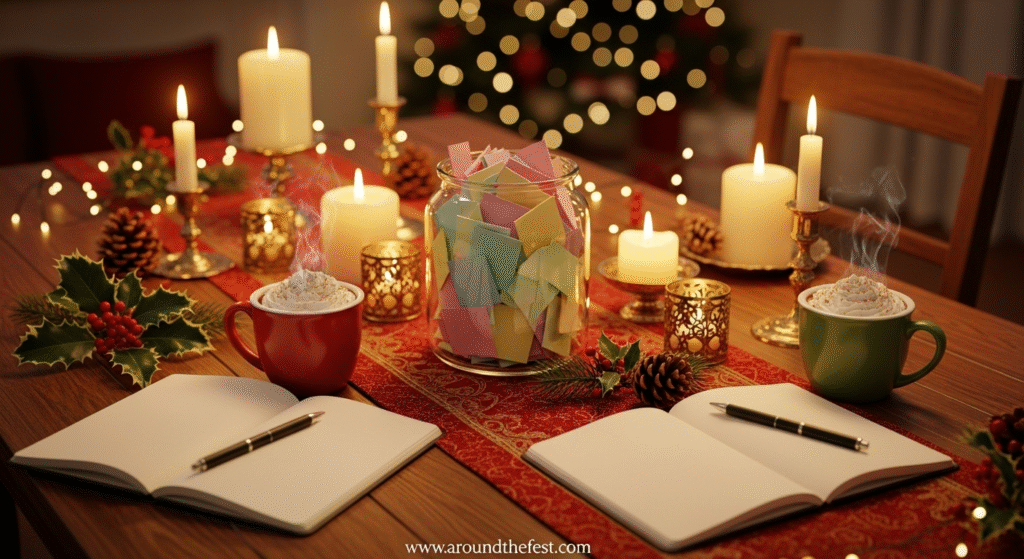 "Cozy Christmas Clue Jar game setup for adults with two mugs of hot cocoa, open journals with pens, a glass jar filled with handwritten prompt cards, flickering candles, and festive pine garland on a wooden table— featuring quiet, reflective, and social-friendly holiday games for introverts." 