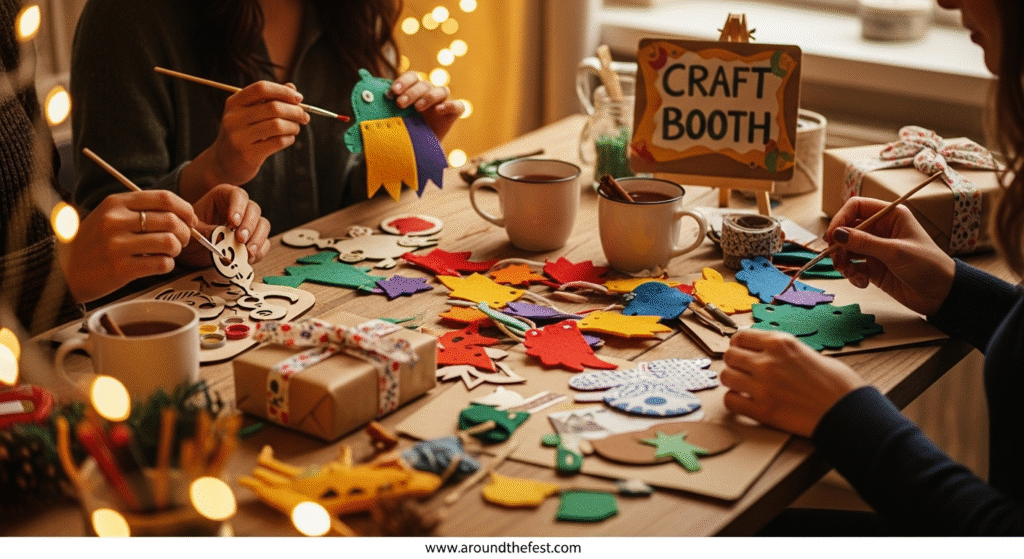 Adults gathered around a cozy craft booth table making colorful handmade Christmas ornaments from felt, recycled paper, and wood, painting decorations and sewing garlands with festive drinks and twinkling lights—featuring stylish, sustainable, and social arts and crafts party inspiration."