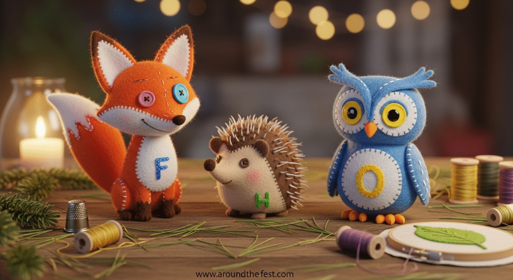"Felt woodland animal Christmas crafts including a handmade fox, hedgehog, and owl made from colorful felt and embroidery thread, surrounded by sewing supplies and fairy lights— featuring whimsical, personalized DIY holiday decor and ornaments."