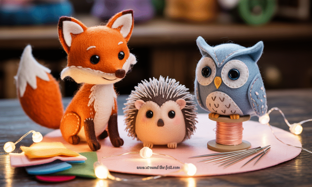 "Felt woodland animal Christmas crafts including a handmade fox, hedgehog, and owl made from colorful felt and embroidery thread, surrounded by sewing supplies and fairy lights— featuring whimsical, personalized DIY holiday decor and ornaments."