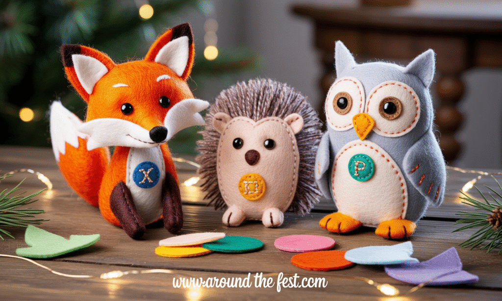 "Felt woodland animal Christmas crafts including a handmade fox, hedgehog, and owl made from colorful felt and embroidery thread, surrounded by sewing supplies and fairy lights— featuring whimsical, personalized DIY holiday decor and ornaments."