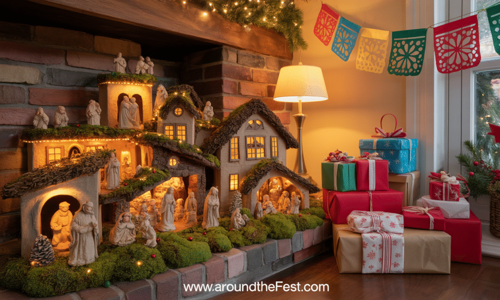 "Christmas decor inspired by world cultures with colorful Mexican paper lanterns, a Posada nativity scene, Italian clay nativity village on the mantel, Japanese furoshiki-wrapped gifts, and Christmas trees— featuring global holiday style and multicultural traditions."