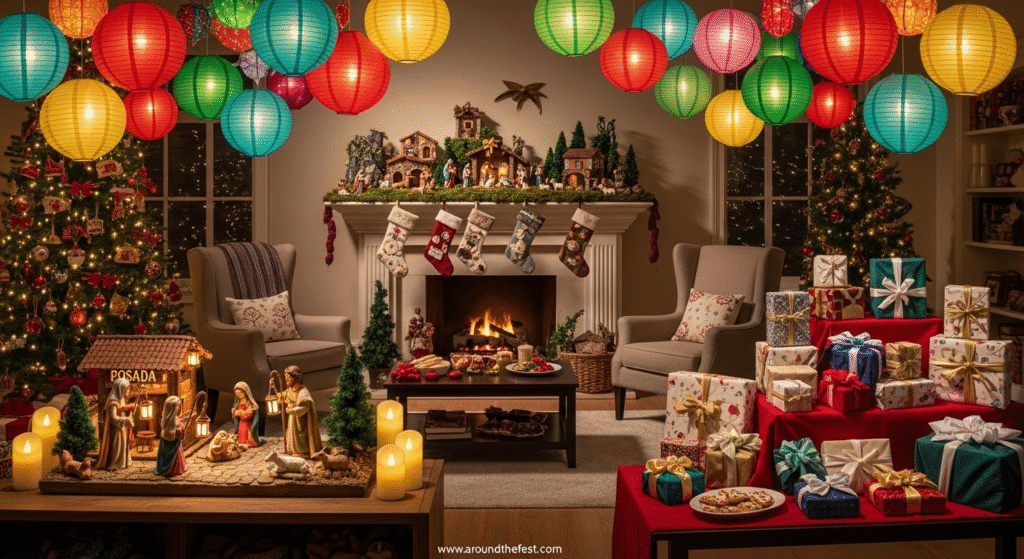 "Christmas decor inspired by world cultures with colorful Mexican paper lanterns, a Posada nativity scene, Italian clay nativity village on the mantel, Japanese furoshiki-wrapped gifts, and Christmas trees— featuring global holiday style and multicultural traditions."