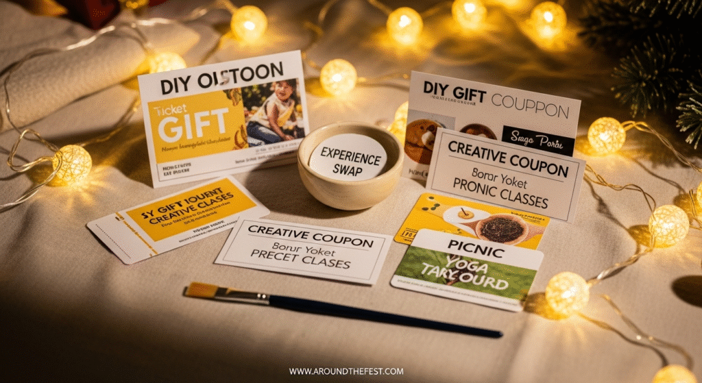 "Christmas gift experience and activity swap coupons laid out on a cozy table with twinkling fairy lights, including DIY gift tickets for art classes, yoga sessions, picnic outings, and handwritten coupons for creative activities— featuring memory-making, experience-based gifting, and meaningful holiday traditions."