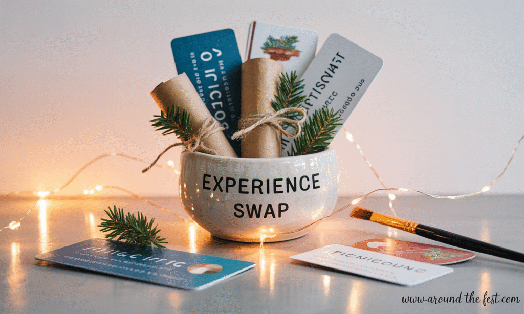 "Christmas gift experience and activity swap coupons laid out on a cozy table with twinkling fairy lights, including DIY gift tickets for art classes, yoga sessions, picnic outings, and handwritten coupons for creative activities— featuring memory-making, experience-based gifting, and meaningful holiday traditions."