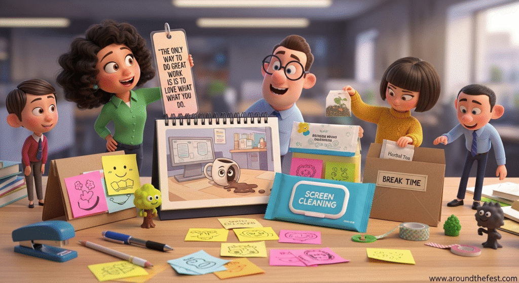 "Christmas gift ideas for coworkers in 2025 including a desk recharge kit with herbal tea, screen cleaning wipes, scented stickers, and motivational quotes, a custom desktop calendar, bookmark with favorite quote, pen and page flag bundle, and a fun silent desk bell—unique, thoughtful, and non-generic coworker gifts for the holidays."