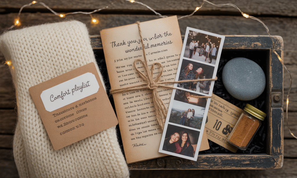"Meaningful Christmas gift box featuring a handwritten gratitude letter, photo strip of friends, comfort playlist card on a cozy knit item, a smooth stone, local spice jar, and a recipe note—that focus on connection, personal memories, and thoughtful handmade gifts."
