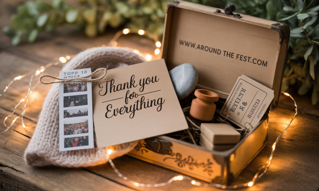 "Meaningful Christmas gift box featuring a handwritten gratitude letter, photo strip of friends, comfort playlist card on a cozy knit item, a smooth stone, local spice jar, and a recipe note— that focus on connection, personal memories, and thoughtful handmade gifts."