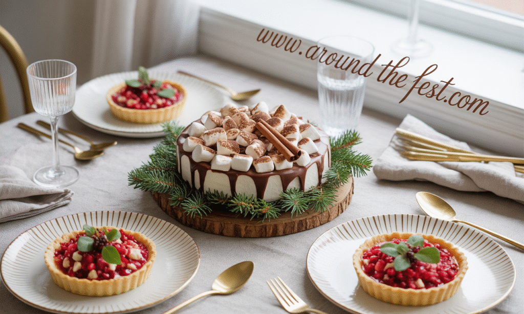 "Festive Christmas lunch table featuring a roasted vegetable tart with herbed ricotta, cranberry couscous salad with toasted nuts, and a central hot cocoa charcuterie board topped with cookies, marshmallows, and cinnamon sticks— with creative, colorful, and modern holiday meal inspiration."