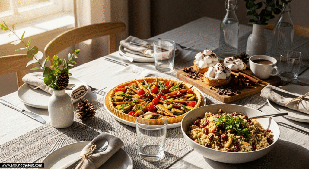 "Unique Christmas lunch and potluck table with vibrant vegetable tart, festive grain salad with cranberries and herbs, cupcakes topped with marshmallows and cocoa, and rustic table setting with natural decor featuring relaxed, stress-free, and creative holiday meal inspiration."