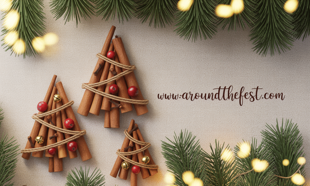 DIY cinnamon stick Christmas trees arranged in a triangle shape, decorated with red berries, gold bells, and star toppers—featuring handmade holiday crafts that double as festive air fresheners and natural decor."