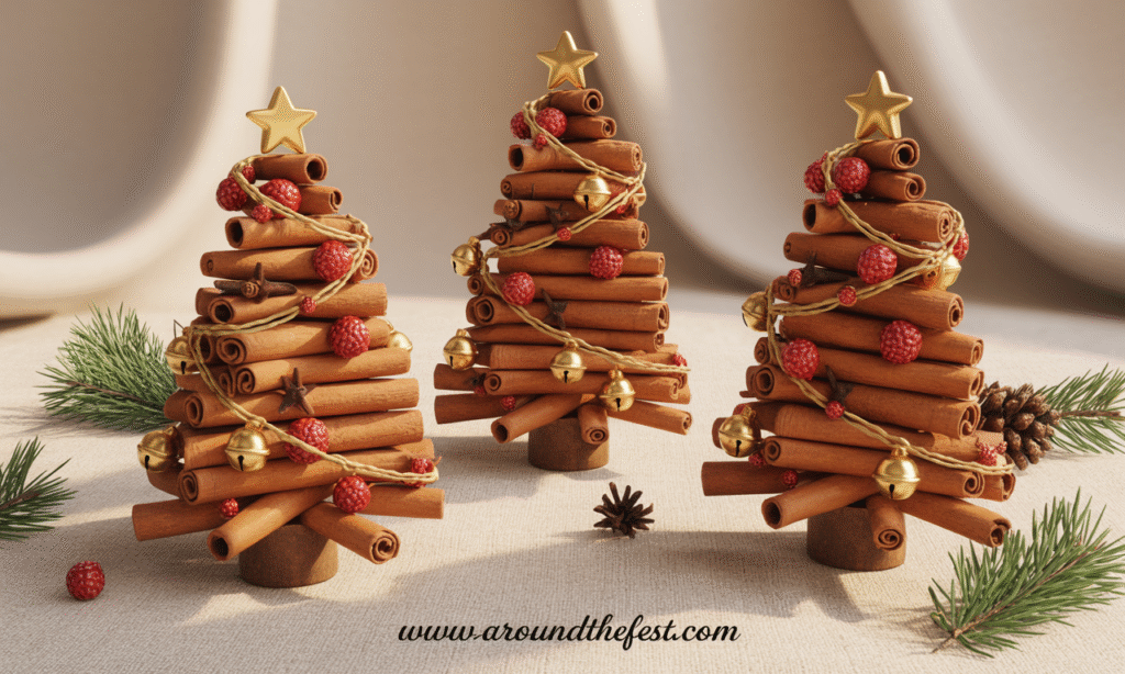 DIY cinnamon stick Christmas trees arranged in a triangle shape, decorated with red berries, gold bells, and star toppers—featuring handmade holiday crafts that double as festive air fresheners and natural decor."