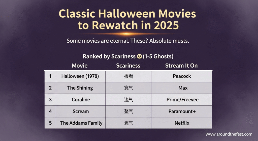 "Infographic ranking classic Halloween movies to rewatch in 2025 by scariness, featuring Halloween (1978), The Shining, Coraline, Scream, and The Addams Family with streaming platforms." 