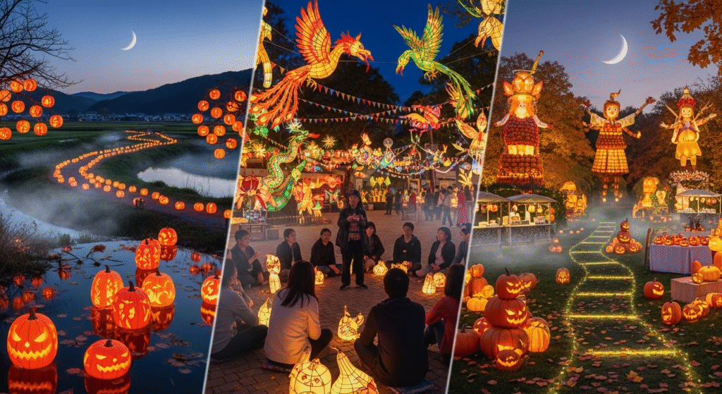 "Global cultural Halloween festivals 2025 – glowing pumpkin lantern path in Kagawa Japan, eco-crafted lanterns in Manila Philippines, and giant pumpkin art in Ludwigsburg Germany, all set in magical twilight landscapes"