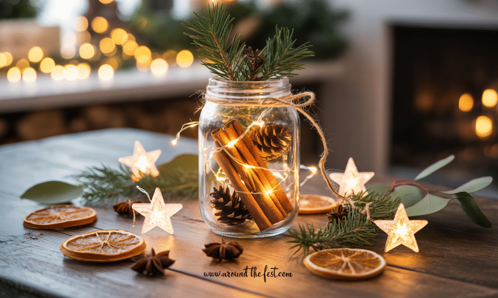 DIY Christmas centerpiece in a mason jar filled with pinecones, cinnamon sticks, evergreen sprigs, string fairy lights, and surrounded by dried orange slices and star-shaped lights—unique Christmas ideas for 2025 featuring cozy, handmade, and budget-friendly holiday decor."