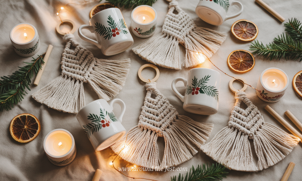 DIY Christmas crafts for adults featuring handmade macramé tree hangers, snowflake-shaped macramé ornaments, air-dry clay candle holders, and hand-painted ceramic mugs with botanical holiday designs, surrounded by candles, dried orange slices, and festive greenery—offering fuss-free, cozy, and creative holiday projects."
