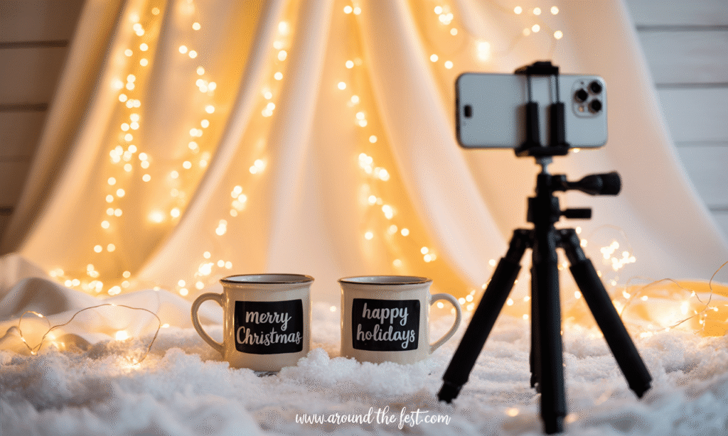 DIY Christmas photo shoot setup for 2025 featuring a cozy white fabric backdrop with string lights, faux snow, two mugs labeled 'Merry Christmas' and 'Happy Holidays,' and a smartphone on a tripod—unique Christmas ideas for capturing frame-worthy family memories with creative, relaxed, and personalized holiday portraits."