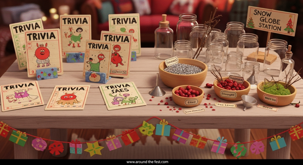Zero-waste Christmas activity table with handmade trivia cards from recycled paper, a DIY snow globe station using upcycled glass jars, bowls of craft materials, festive paper garlands, and a visible Spotify playlist QR code— featuring eco-friendly holiday decor and fun, waste-free games."