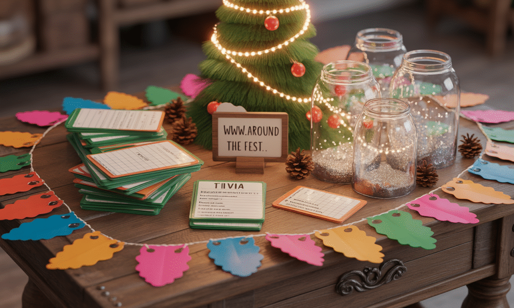 Zero-waste Christmas activity table with handmade trivia cards from recycled paper, a DIY snow globe station using upcycled glass jars, bowls of craft materials, festive paper garlands, and a visible Spotify playlist QR code— featuring eco-friendly holiday decor and fun, waste-free games."