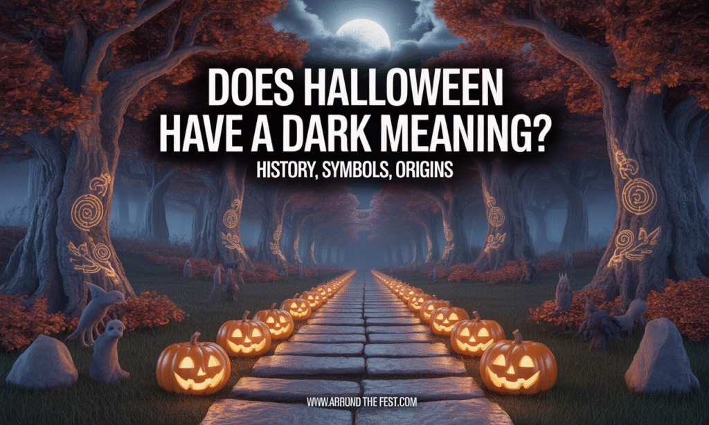 Halloween dark meaning history—spooky moonlit forest with carved jack-o-lanterns, symbolic trees, and the text “Does Halloween Have a Dark Meaning? History, Symbols, Origins.”