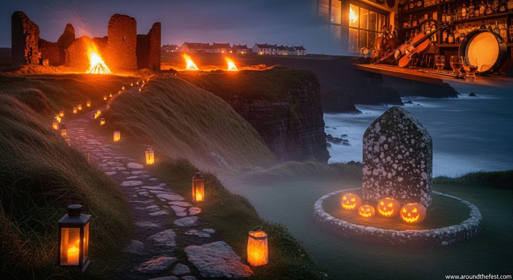 "Samhain celebration in Doolin, Ireland with cliffside bonfires, candle-lit stone paths, and traditional music near ancient ruins on a misty coastal night"