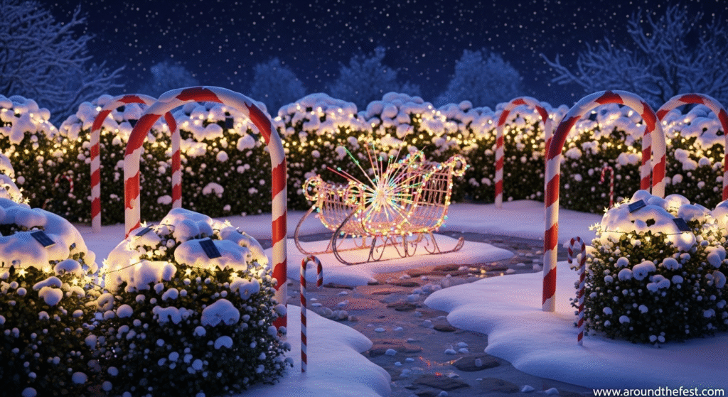 "Eco-friendly outdoor Christmas decor for 2025 featuring solar LED string lights wrapped around hedges and a wire sleigh sculpture glowing in the snow, with DIY candy cane arches made from painted PVC pipes, paper snowflakes hanging from trees, and soft spotlights— delivering dazzling, low-waste, low-energy holiday curb appeal."