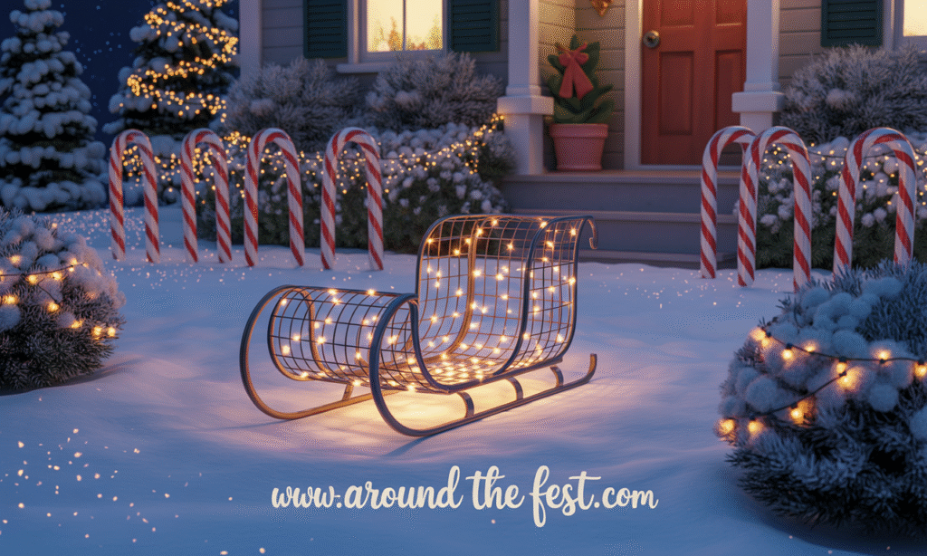 “"Eco-friendly outdoor Christmas decor for 2025 featuring solar LED string lights wrapped around hedges and a wire sleigh sculpture glowing in the snow, with DIY candy cane arches made from painted PVC pipes, paper snowflakes hanging from trees, and soft spotlights— delivering dazzling, low-waste, low-energy holiday curb appeal."