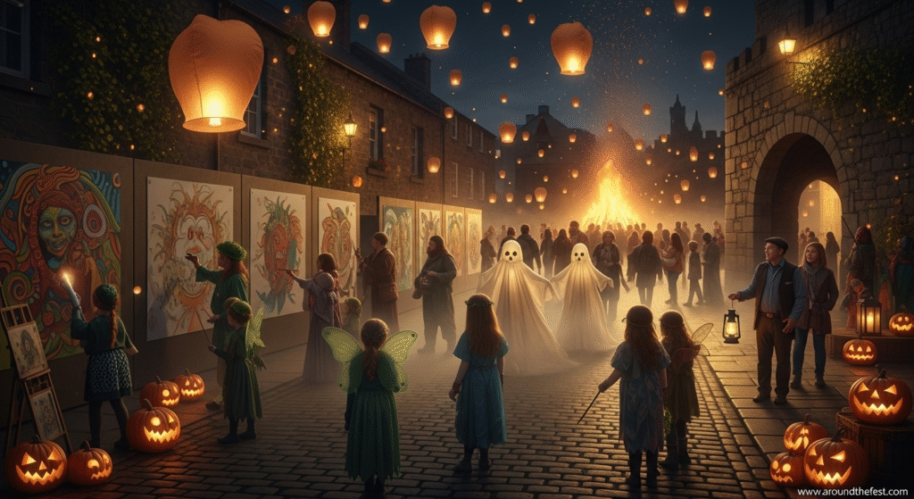 Magical Halloween night street festival featuring children in costumes painting glow-in-the-dark murals, floating lanterns lighting up the sky, jack-o'-lanterns lining the cobblestone path, and families gathering around a large bonfire under medieval stone arches.