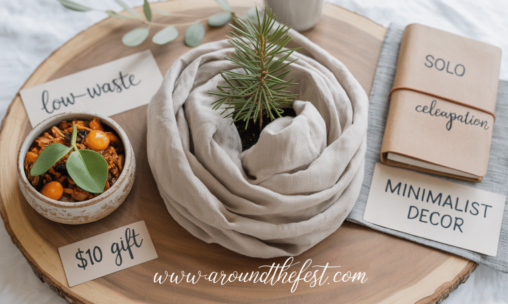 "Christmas FAQs sheet surrounded by festive decor, featuring cozy DIY ornament kits, bucket list challenge cards, fabric-wrapped gifts, a minimal pine branch centerpiece, and handmade stocking stuffers like self-care bundles and custom keychains—unique Christmas ideas for 2025 including creative family activities, solo celebration tips, non-traditional meals, low-waste party advice, affordable gifts, and meaningful holiday traditions."
