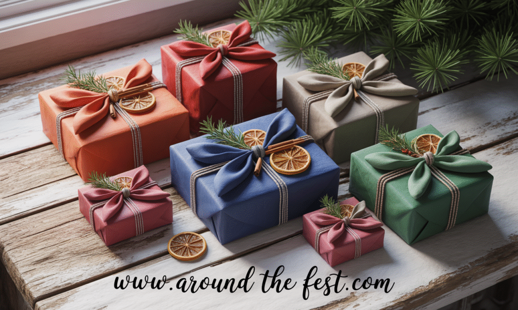 "Eco-friendly Christmas gifts wrapped in reusable fabric furoshiki style, finished with twine, dried orange slices, and sprigs of rosemary— featuring sustainable, zero-waste, and beautiful DIY gift wrapping alternatives." 
