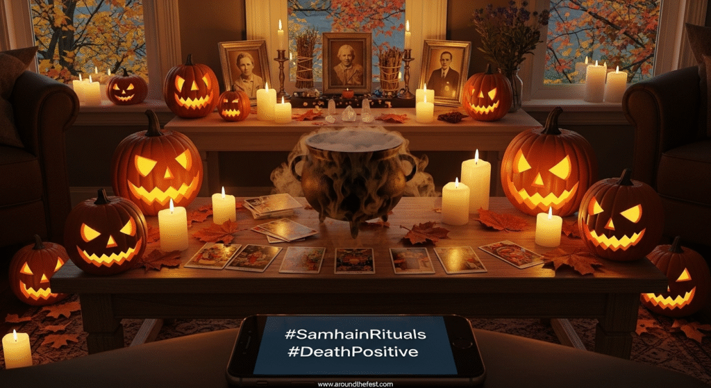 Warm indoor Halloween scene with nostalgic decor, ancestor altar, and spiritual symbols, reflecting how adults embrace Halloween for connection, escape, and Samhain-inspired renewal.