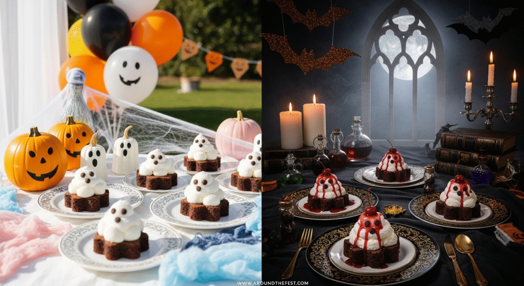 "Halloween dessert 2025 day-to-night transformation featuring ghost brownies reimagined from cute kids’ party treats to elegant spooky evening desserts with cherry drizzle and gold shimmer—perfect for Halloween food ideas and party menus."