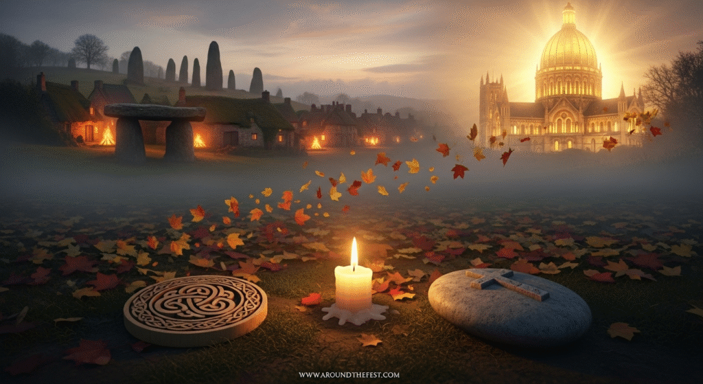 Celtic and Christian symbols merging around a single candle-lit altar, depicting how the Church tactically transformed Halloween’s pagan death rites into a Christian framework. 