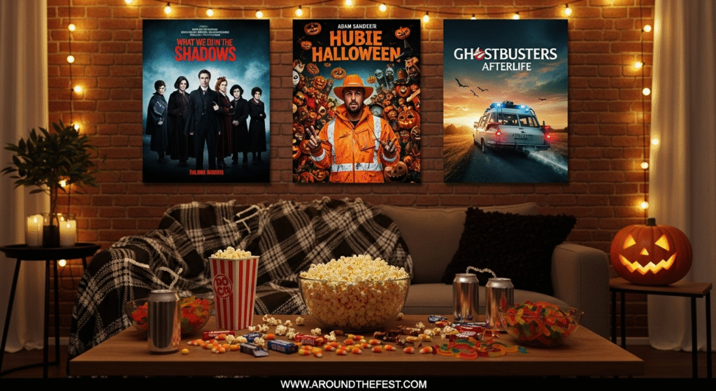 Cozy Halloween 2025 movie night setup with popcorn, candy, and posters of What We Do in the Shadows, Hubie Halloween, and Ghostbusters: Afterlife."