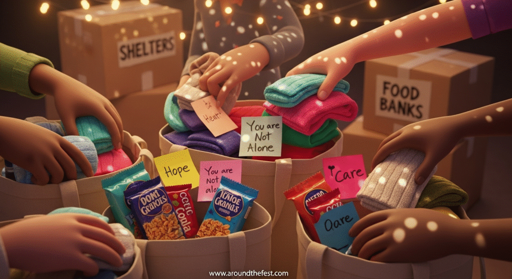 Giving back as a Christmas activity with families packing kindness kits containing socks, granola bars, and handwritten notes for shelters and food banks—highlighting meaningful holiday traditions focused on community, generosity, and helping those in need."