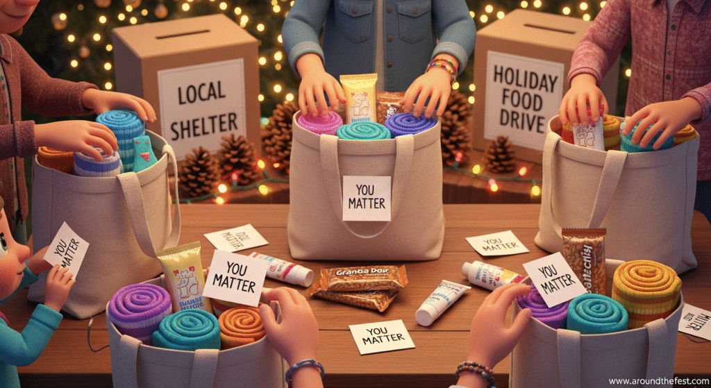 Giving back as a Christmas activity with families packing kindness kits containing socks, granola bars, and handwritten notes for shelters and food banks— highlighting meaningful holiday traditions focused on community, generosity, and helping those in need."