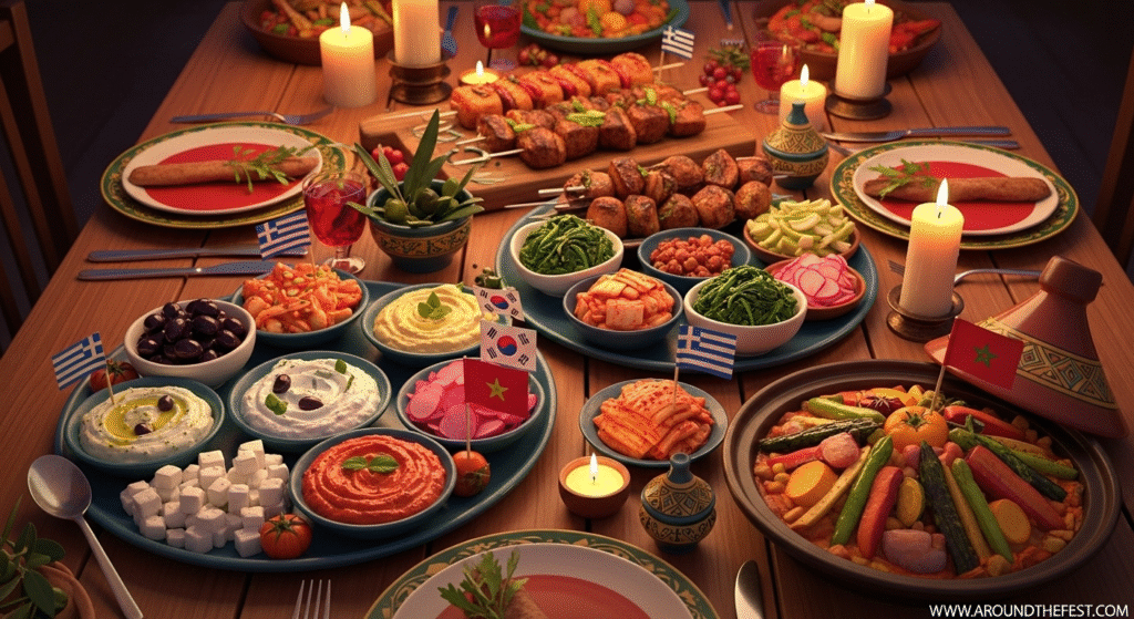 "Global Christmas dinner table with international dishes including Greek mezze platters with dolmas, olives, baba ganoush, Korean marinated tofu BBQ, kimchi, Moroccan vegetable tagine with couscous, and festive candles—featuring a multicultural holiday feast celebrating diverse cultures."
