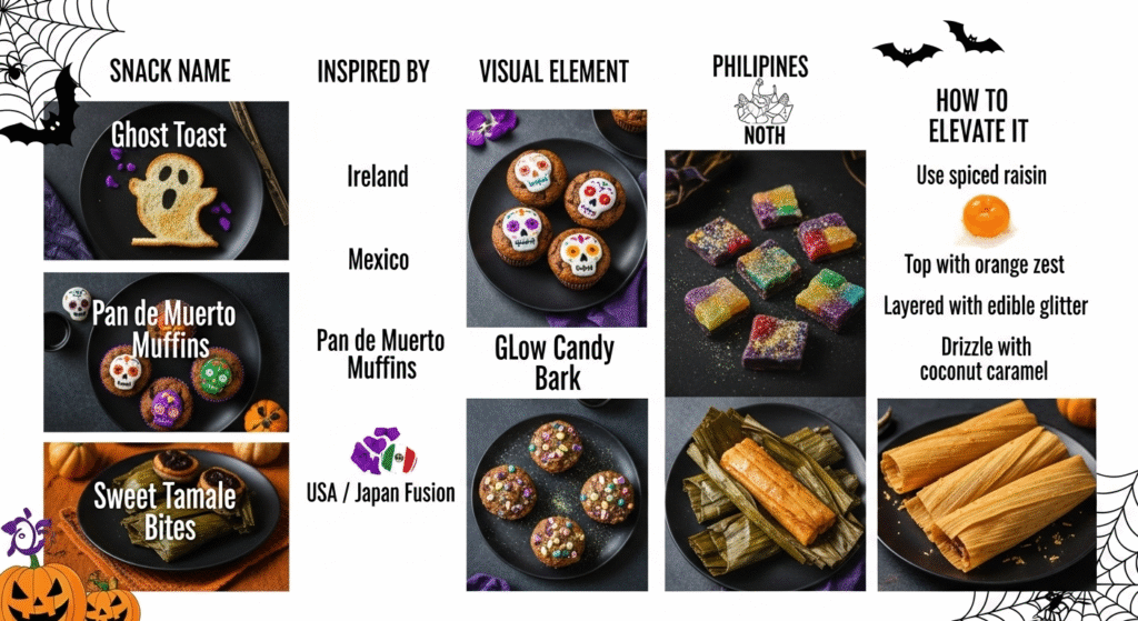 Infographic for Halloween 2025 events worldwide featuring four spooky global snacks: Ghost Toast (Ireland), Pan de Muerto Muffins (Mexico), Glow Candy Bark (USA/Japan), and Sweet Tamale Bites (Philippines). Each includes a creative twist, set in a Halloween-themed design with festive icons and bold colors—perfect for showcasing food highlights at Halloween 2025 celebrations.”
