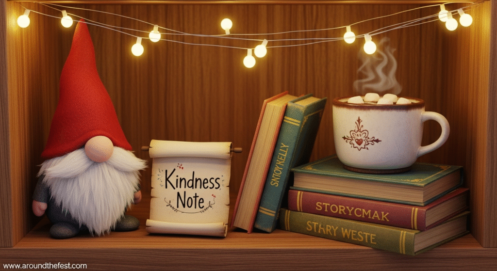 "Gratitude Gnome Christmas display with a plush gnome, gratitude notes scroll, cozy string lights, stacked books, and a cup of hot cocoa with marshmallows— featuring mindful, kindness-focused holiday traditions for families and classrooms."