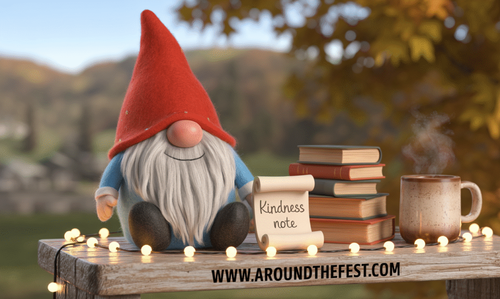 "Gratitude Gnome Christmas display with a plush gnome, gratitude notes scroll, cozy string lights, stacked books, and a cup of hot cocoa with marshmallows— featuring mindful, kindness-focused holiday traditions for families and classrooms."